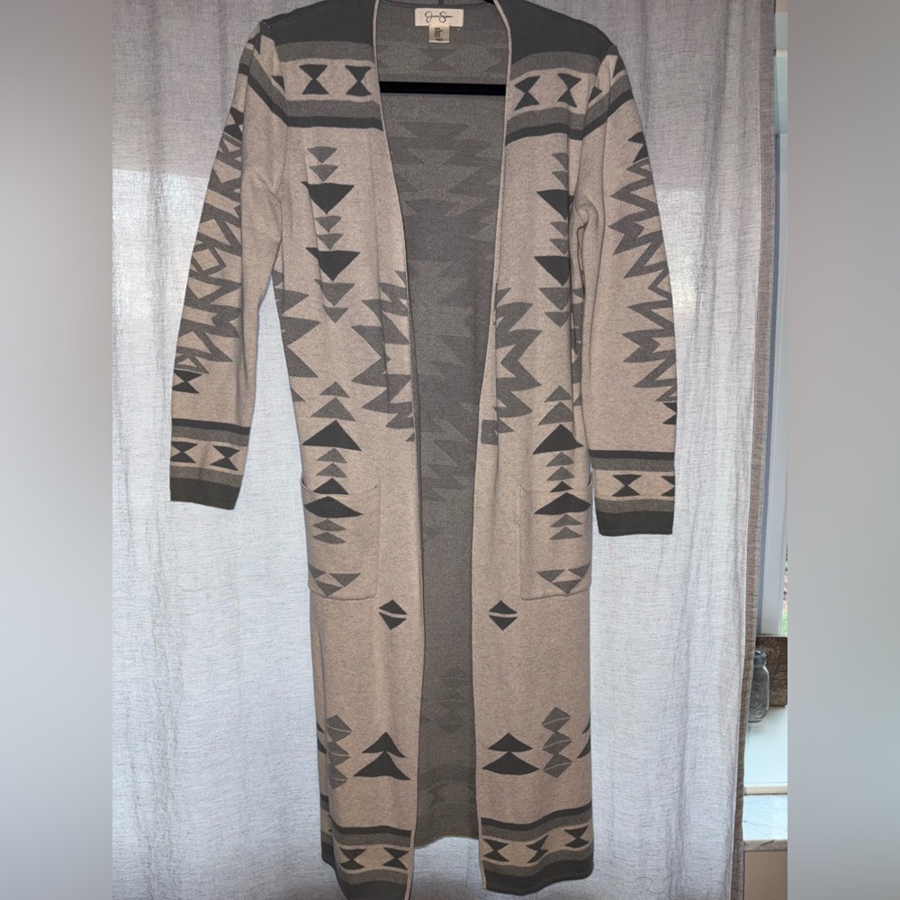Green and Cream Geometric Long Cardigan